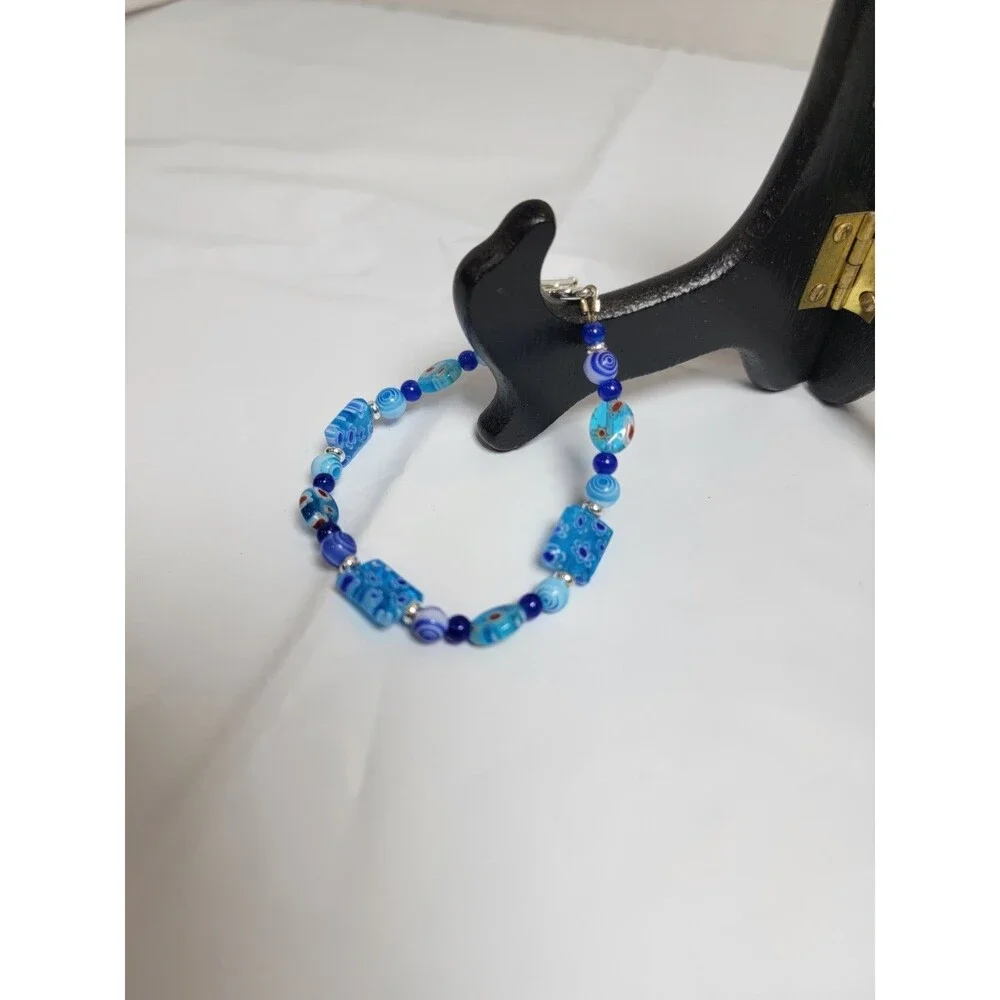 Blue Millefiori Style Beaded Bracelet Silver Tone Toggle Clasp Boho Jewelry